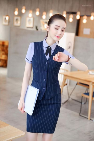 

2018 summer formal 2 piece blazer suits with skirt and sets striped uniform styles vest & waistcoat office ladies work wear1, White;black