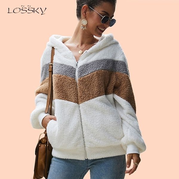 

lossky hoodie sweatshirt women striped patchwork jacket long sleeve plush outwear female autumn winter ladies warm clothing y200107, Black