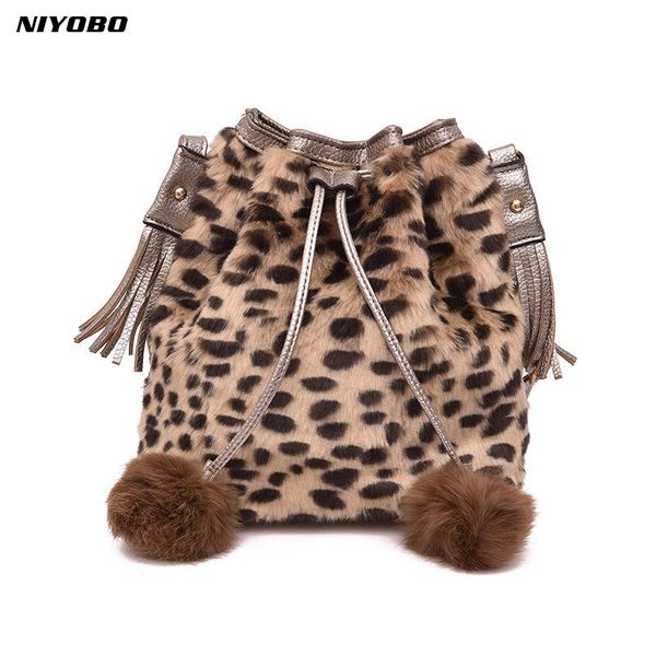 

niyobo fashion women faux fur messenger bag bucket drawstring bag winter soft leopard women handbag hairball decoration lady