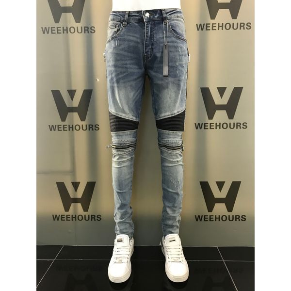 

2020new selling nice motorcycle jeans women's high waist jeans custom punk rock private label lapel retro gradient gene men's hip, Blue