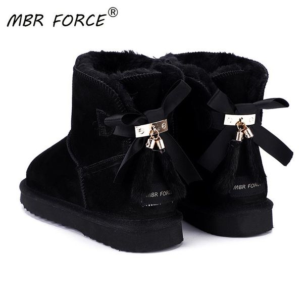 

mbr force fashion ankle bowknot snow boots women wool fur lined australia classic genuine leather winter flat warm shoes black