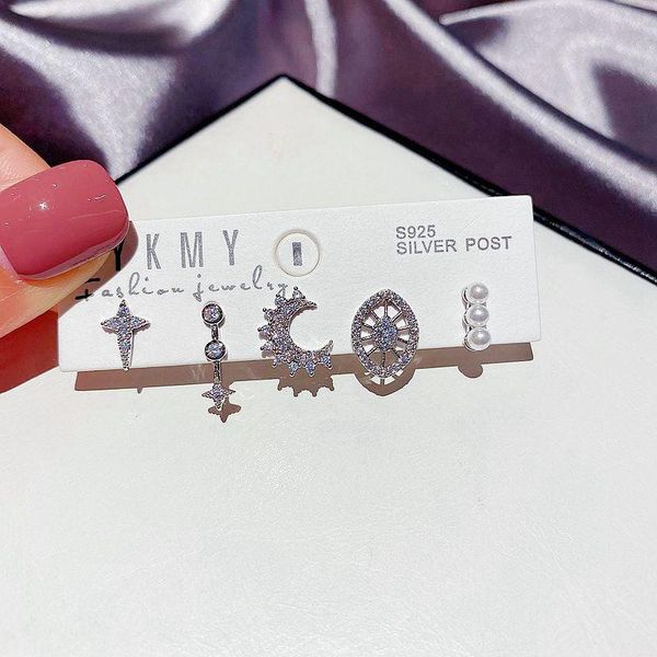 

migga 5pcs imitation pearl cubic zirconia moon star stud earrings set fashion women party jewelry, Golden;silver