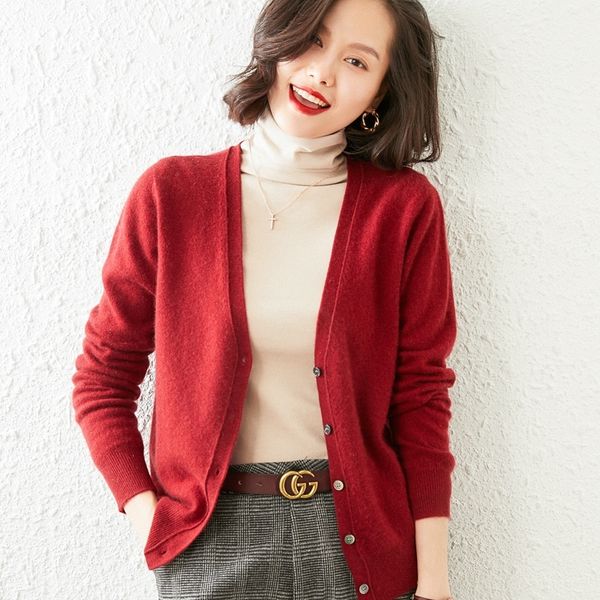 

2021 new grade women jackets 100% goat cashmere knitted cardigans winter warm soft v-neck long sleeve female sweaters 6colors ic9d, White;black
