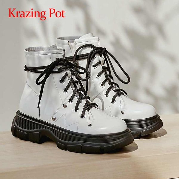 

krazing pot large size sheep leather platform thick bottom round toe high square heel zipper beauty lady cozy ankle boots l8f2, Black