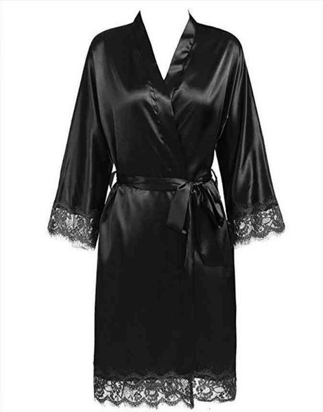 

plus size lace patchwork bride bridesmaids robe lingerie women silk wedding party kimono robes nightgown sleepwear bathrob, Black;red