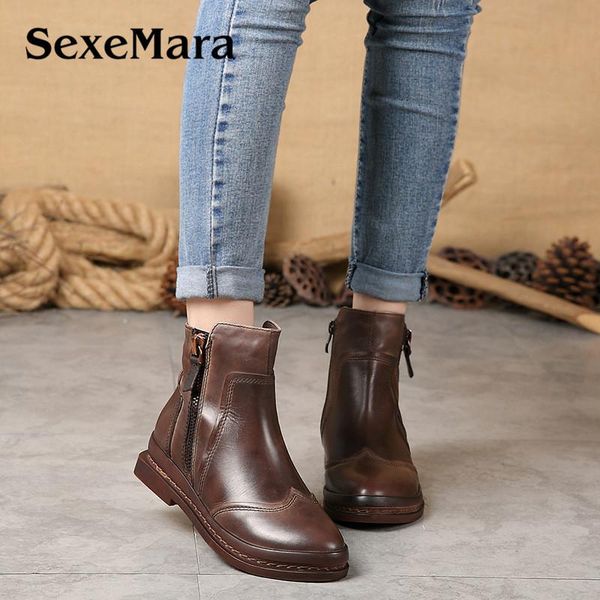 

sexemara из натуральной кожи среднего теленок женщины boots vintage повседневный плюс бархат теплой зимы женщина flats сапоги круглый toe же, Black