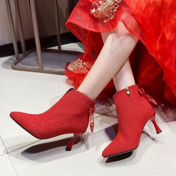 

boots pointed toe ankle women pumps stiletto bowknot wedding dress solid color high heel shoes zapatillas mujer, Black