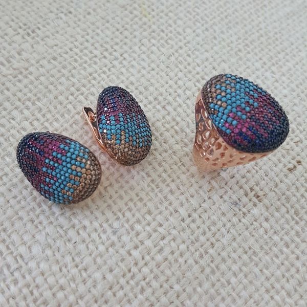 

silver set 925 silver art deco rainbow ring earing necklace set gradient set t200507, Slivery;golden