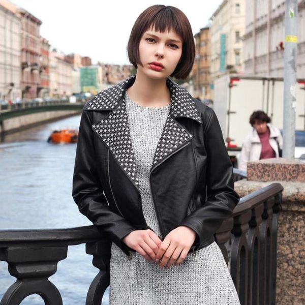

women's leather & faux autumn fashion streetwear locomotive style pu jacket female stars pattern printed warm f132, Black