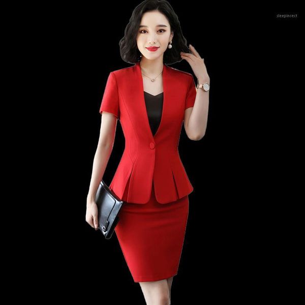 

skirt suit women summer elegant red reffles short sleeve ladies blazer skirt two piece set office business black work outfit1, White;black