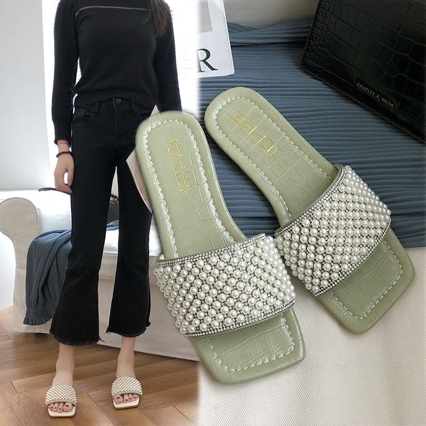 

the new summer 2020 han edition of fashion pearl peep-toe stuffies outside wear casual shoes joker a word procrastinates x1020, Black