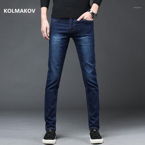 

2020 new arrival men's denim jeans straight full length pants with high elasticity slim pants man fashion mid-waist jeans men1, Blue