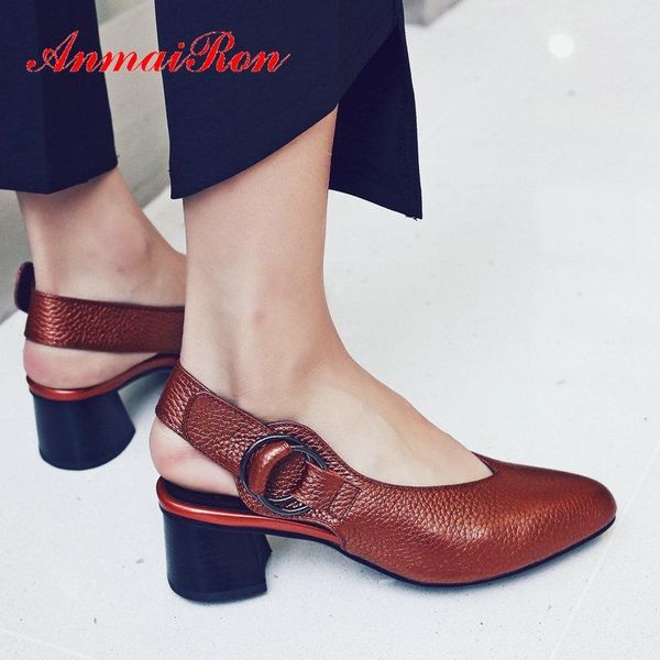 

dress shoes anmairon 2021 genuine leather high heels party woman buckle strap slingbacks big girl wedding size 34-431, Black