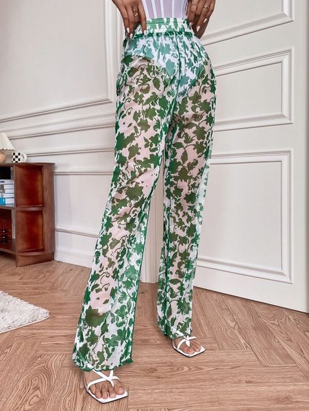

floral print lettuce trim mesh straight leg pants i91v#, Black;white