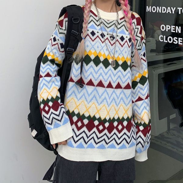 

new autumn and winter korean of rhombus loose bf wind round neck long sleeve pullover knitted sweater women, White;black
