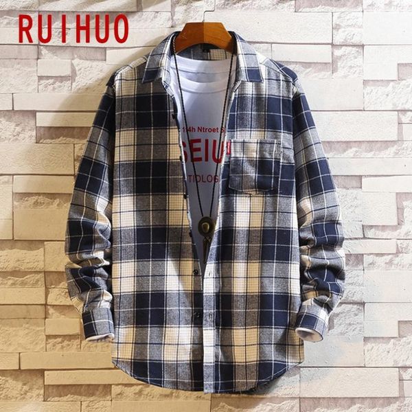 

ruihuo 2021 new spring casual long sleeve plaid shirt men slim fit cotton men shirt male clothing fashion brand -5xl, White;black