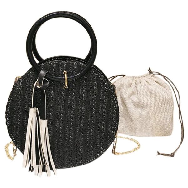 

women handmade round beach shoulder bag circle straw bags summer woven rattan handbags women messenger bags(black