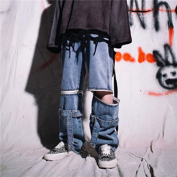 

male streetwear hip hop vintage fashion loose wide leg jeans trousers men removable zip pants casual denim straight pant1, Blue
