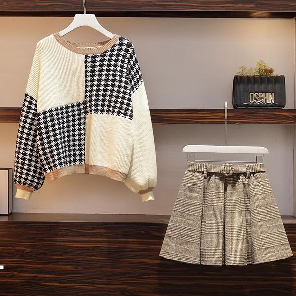 

new 2 2021 two elegant female knitting splice pullover+ skirt suit work more size 4xl y465 l4i9, Gray