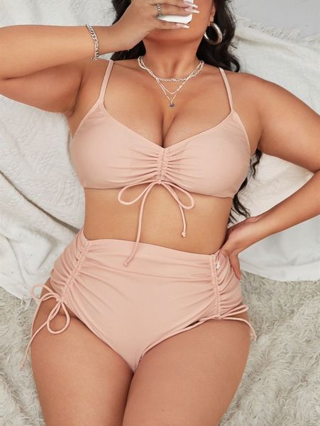 

plus plain drawstring bikini swimsuit y6bk#, Black