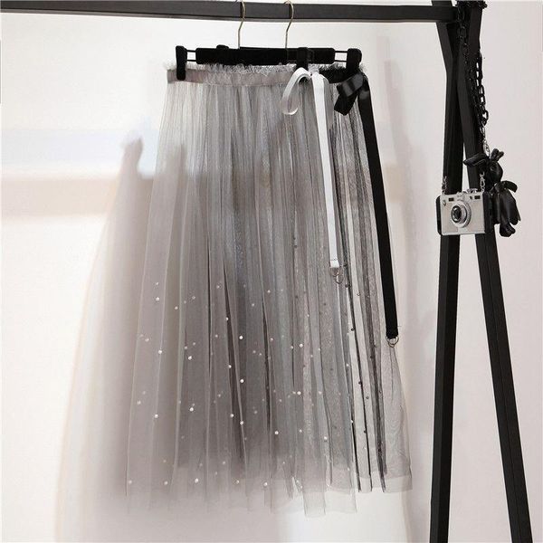 

летняя мода тюль юбки женщин сексуальная сетка жемчужина бисером длинные юбки элегантные см. кружева высокой талии плиссированные юбки q241, Black