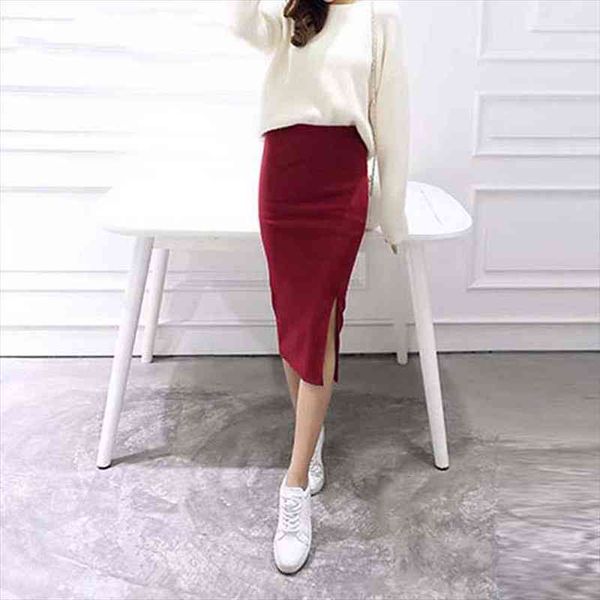 

autumn winter bodycon skirt women stretchable split skirt mid calf slim pencil skirts for women female knit, Black
