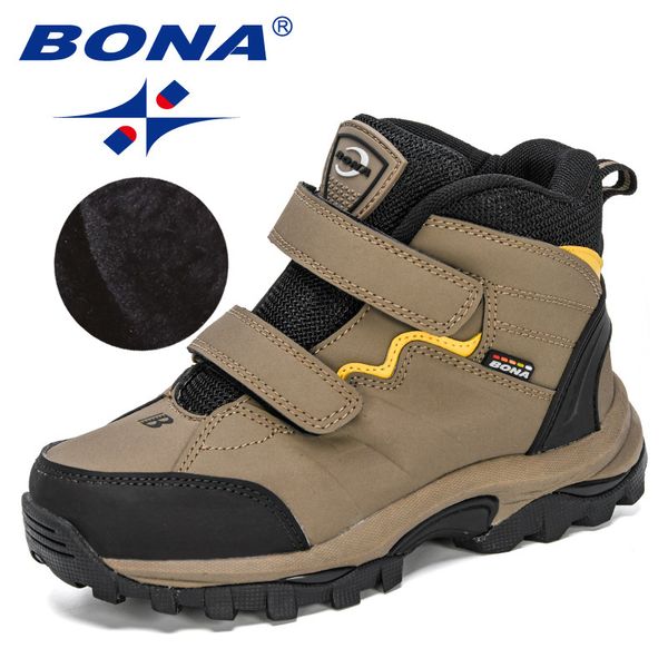 

bona 2020 new designers outdoor hiking boots kids leather mountain boots children climbing sport snow shoes boys plush warm 1028, Black;grey