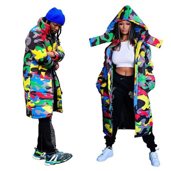 

plus size women men cotton-padded clothes camouflage fashion winter thick warm hooded zippered long bread coats cotton wadded jacket f110405, White