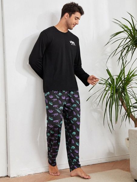

men dinosaur print tee & pants pj set r6ek#, Black;brown