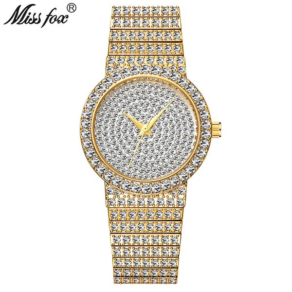 

luxury missfox brand luxury watch unique men ultra thin 30m water resistant iced out round expensive 34mm slim wrist man watch famous fashio, Slivery;brown