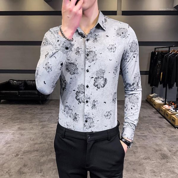 

gzdeerax grey flower mens shirts luxury long sleeve all printed mens dress shirts camisa masculina slim fit male 4xl1, White;black