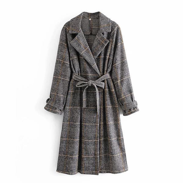 

2021 winter women new elegant retro a buckle belt plaid overcoat female adjustable elasticity of cuffs lapel long coat, Black