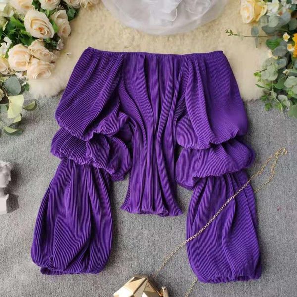 

women's slash neck cyber celebrity spring summer new design pleated lantern sleeves chiffon short shirt tide ml870, White