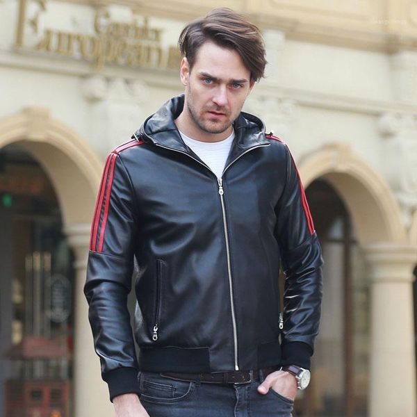 

men's real leather jacket men motorcycle spring and autumn and winter hooded coat men warm casual loose genuine leather jacket1, Black