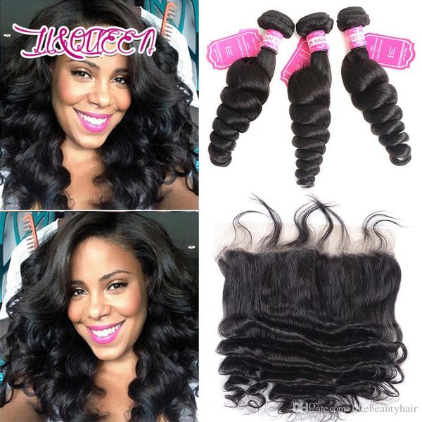 

loose wave hair extensions peruvian human hair lace frontal closure with bundles ear to ear frontal hair weft bundles with 13x4 lace closure, Black;brown