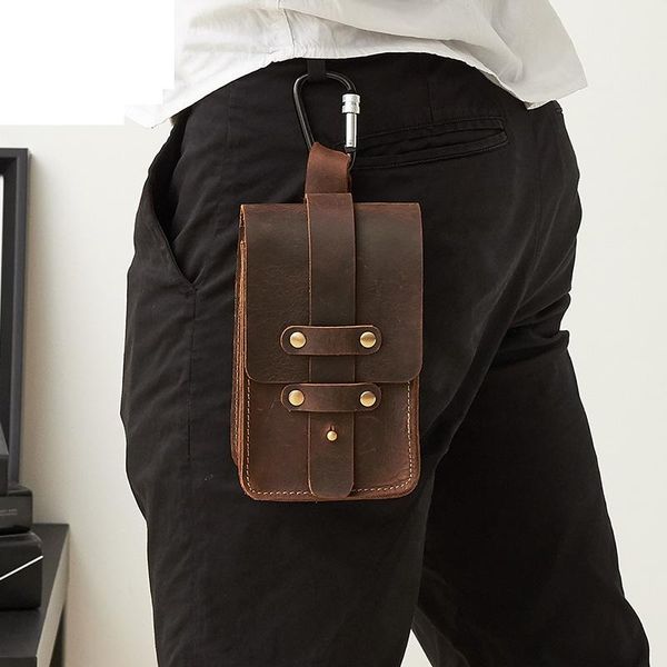 

retro leather suitchers casual clothing multifunctional men 's small pockets cow leather belt wearing pouch a4251