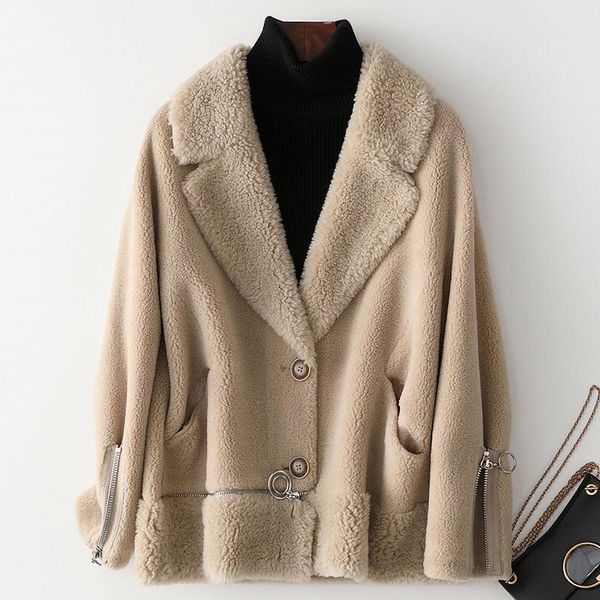

women 2019 winter real fur coat plush genuine wool blends coat female oversized suede liner natural sheep shearing jacket k317, Black