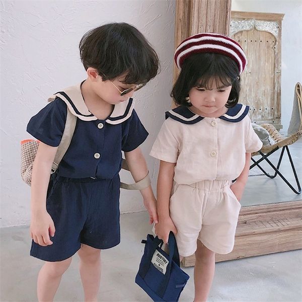 

2019 summer korean style kids sailor collar cotton linen clothes sets cute boys girls short sleeve t shirt + shorts 2pcs suits y200623, White