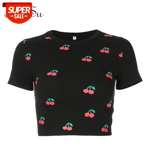 

artsu 2019 summer cherry print short sleeve black t-shirt crop kawaii funny t shirts women friends t shirt asts20681 #p53v, White
