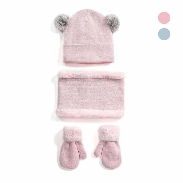 

3pc/set knitteed hats kids girls boys winter dual pompom beanie cap plush neck wrap scarf warm thick gloves set autumn winte, Blue;gray