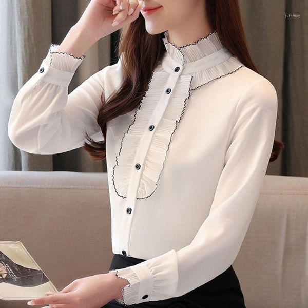

blusas mujer de moda 2020 blouse women long sleeve white blouse stand collor chiffon shirt women blusa feminina c9731