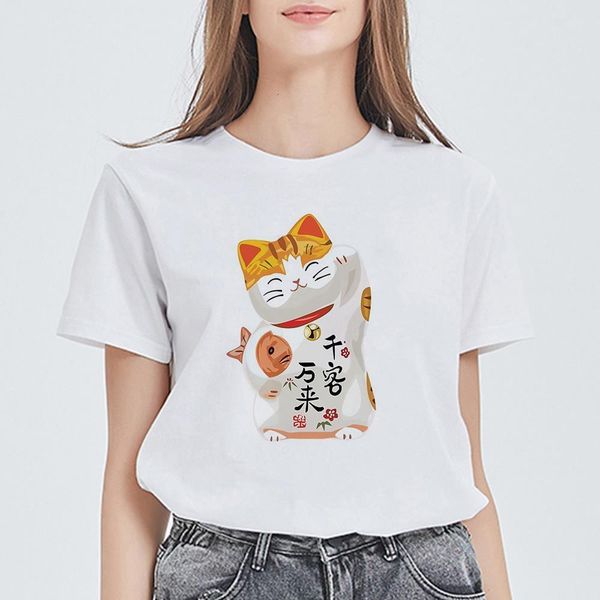 

summer plutus cat printed short sleeve harajuku t shirts women streetwear casual cute vintage plus size female t-shirt, White