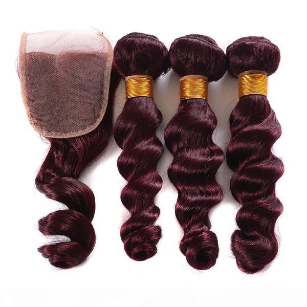 

burgundy wine red 99j brazilian virgin hair weave bundles with closure peruvian malaysian loose wave human hair extension, Black;brown