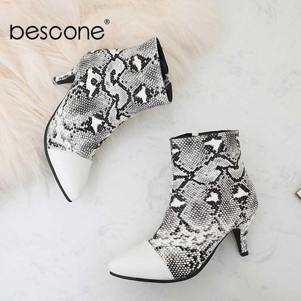 

boots bescone pointed toe women mid-calf winter handmade warm zipper thin heel shoes fashion snake pattern ladies bm225, Black