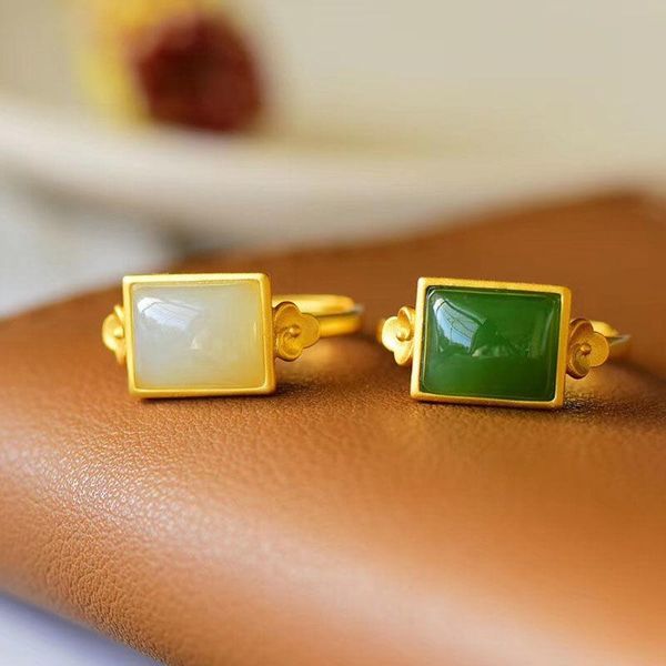 

new snew sterling silver inlaid натуральный hetian jade square chinese style retro xiangyun открытое регулируемое кольцо, Golden;silver