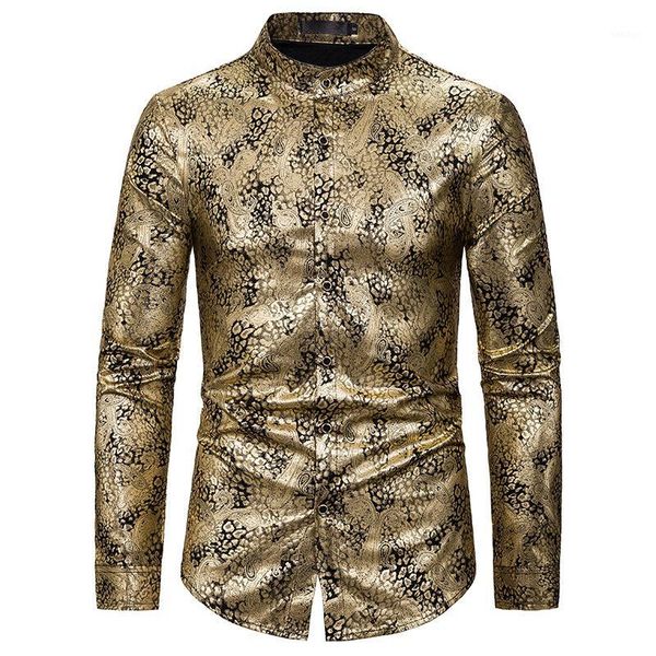 

mens hipster gold paisley dress shirts 2020 brand mandarin collar long sleeve shirt men business wedding tuxedo chemise homme1, White;black