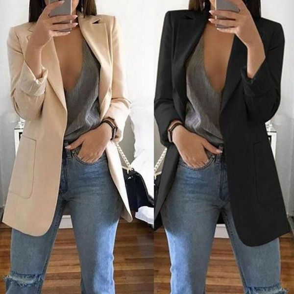 

women solid color long sleeve turn-down collar slim coat lady business jacket suit coat 2020 trendy1, Black;brown