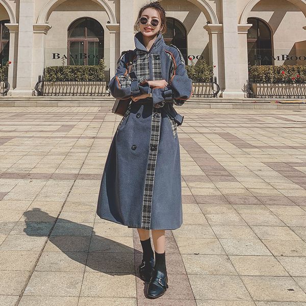 

2021 new women's coat new winter loose plaid double-sided haze blue lapel waist fashion wool female1x jacket wog1, Black
