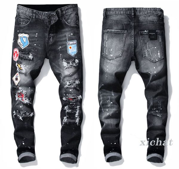 

men slim fit big size jeans men's paint hole style destroyed skinny straight leg washed luxury casual regular denim pants trousers 1010, Black