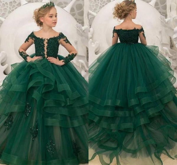

girl's dresses gorgeous green flower girl scoop neck appliqued beaded long sleeves pageant gowns ruffle tiered sweep train, Red;yellow